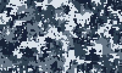 Abstract digital camouflage pattern in shades of blue and grey. Perfect for backgrounds, textures, or design elements needing a modern, tactical feel.