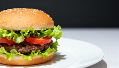 Appetizing Hamburger on White Plate with Fresh Lettuce and Tomato Slices Ready to Eat