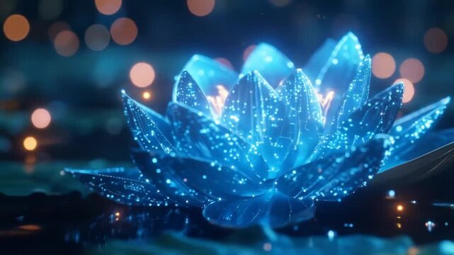 Glowing Blue Lotus Flower on Water Surface at Night