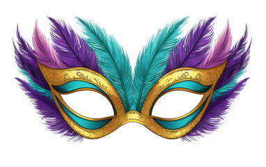 Elegant masquerade mask with purple, teal, and gold feathers, isolated on transparent background