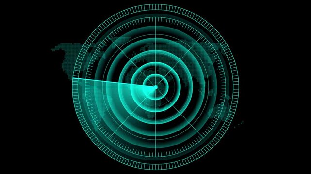 Radar screen animation on black background. Radar Navigation is looking for objects. Technology world map radar screen animation.