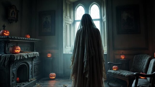Eerie Halloween Scene with Draped Furniture and Carved Pumpkins
