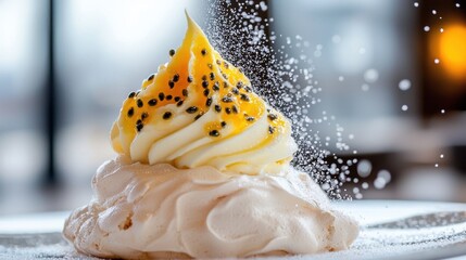 Gourmet passionfruit pavlova dessert topped with golden passion fruit curd and confectioners sugar at upscale dining venue