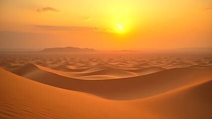 Serene desert landscape at sunrise with endless sand dunes shimmering under the golden sun and hazy