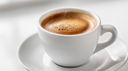 Fototapeta premium Elegant Espresso: Close-up of a White Cup on Saucer Displaying Rich Coffee with Perfect Crema