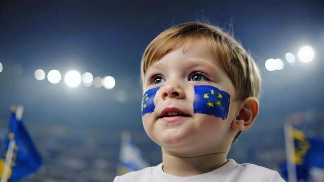 Cheerful child with European Union flag face paint at stadium event under bright lights showing support and unity with EU symbols and fan celebration atmosphere