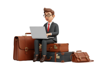 Illustration of businessman working on laptop surrounded by luggage isolated on transparent background