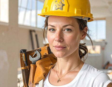 A focused portrait of a confident woman wearing a safety helmet and tool belt, highlighting her professional and capable demeanor.