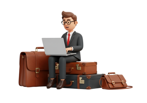 Illustration of businessman working on laptop surrounded by luggage isolated on transparent background