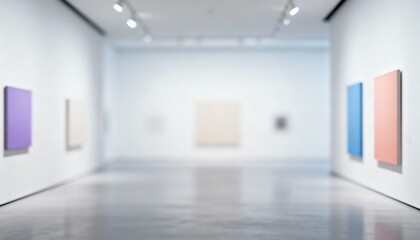 Obraz premium Blurred Art Gallery Exhibition Featuring Abstract Paintings in a Modern Interior Setting, Ideal for Backgrounds