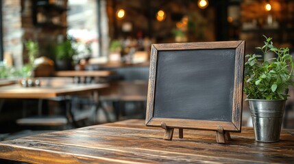 Stylish Blank Slate Menu Board on Wooden Holder in Rustic Dining Area