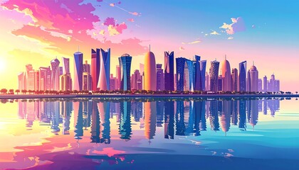 Fototapeta premium A vibrant cityscape panorama at sunrise, showcasing a modern skyline reflected perfectly in the calm water, with soft pastel colors and a peaceful atmosphere.