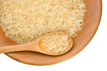 Parboiled rice in wooden bowl and spoon with transparent background