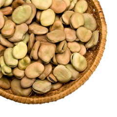 Dried broad beans filling a woven basket on transparent background