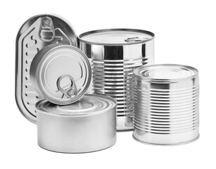Group of closed tin cans on transparent background