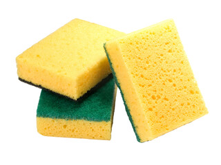 Group of yellow cleaning sponges with green scrubber on transparent background