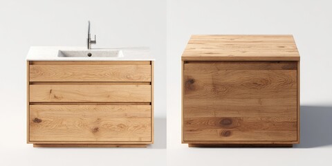 Light oak vanity with sink and matching square accent cabinet