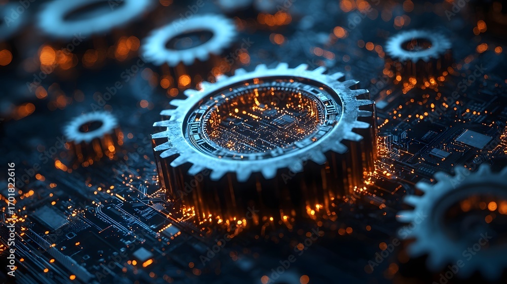 Aufkleber interlocking mechanical gears and digital circuits glowing with orange light symbolizing the fusion 