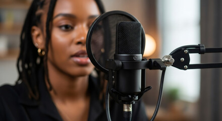 Woman recording podcast with professional microphone in home studio. Audio production set-up for streaming, broadcasting, and online content creation.
