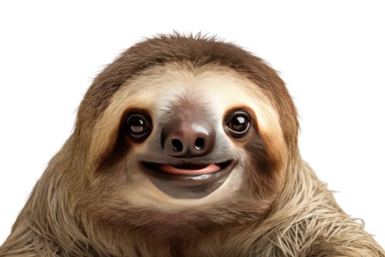 Sloth Swinging on Tree Branch. White or PNG Transparent Background.