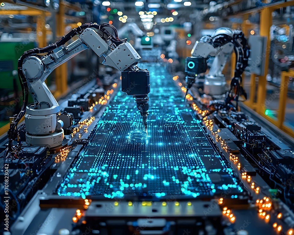Poster robotic arms in an automated factory assembly line processing illuminated electronic components with