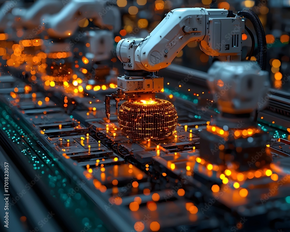 Aufkleber advanced automated manufacturing facility featuring robotic arms assembling glowing complex spherica