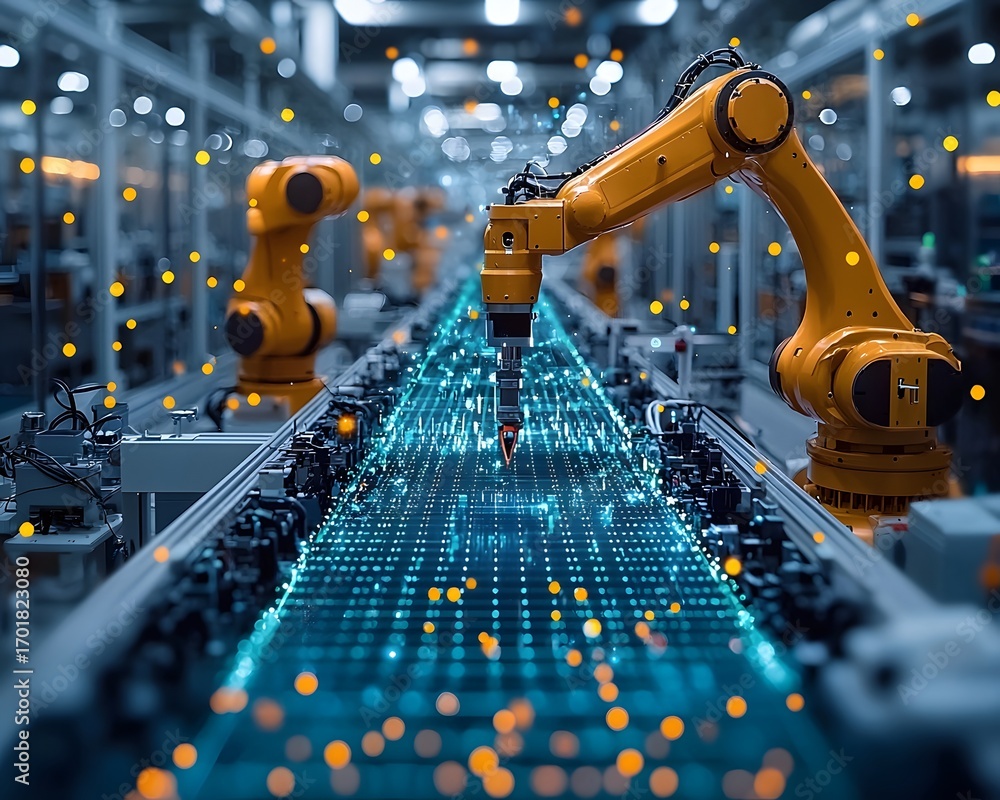 Poster automated manufacturing line with robotic arms featuring glowing digital data streams and industrial