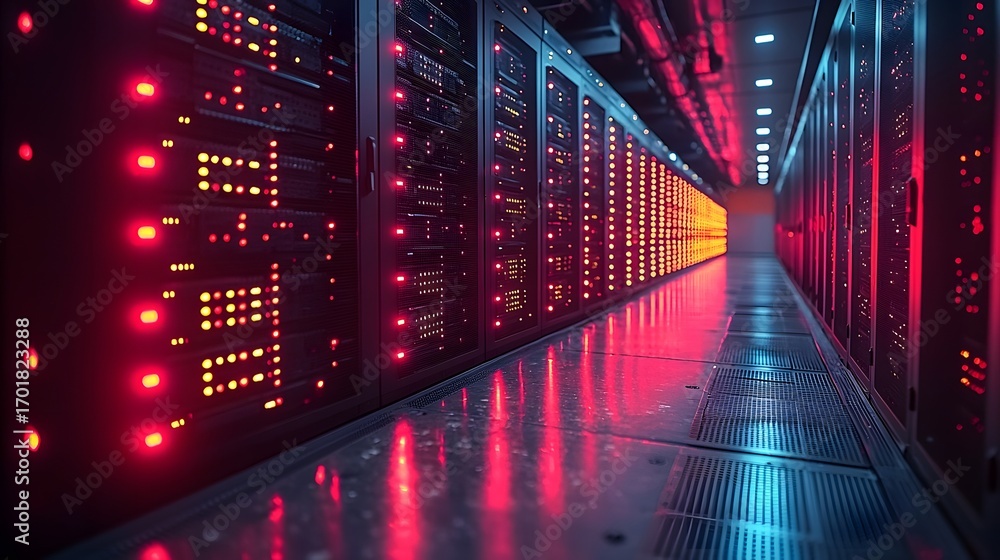 Poster rows of illuminated server racks in a futuristic data center corridor bathed in vibrant red and oran