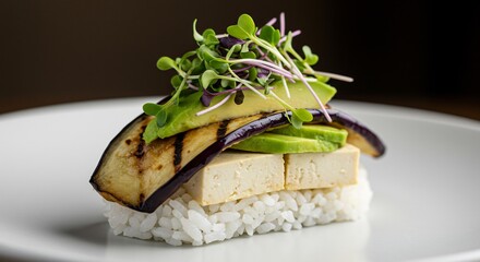 Vegetarian Stack with Grilled Eggplant Avocado Tofu and Sprouts on White Plate