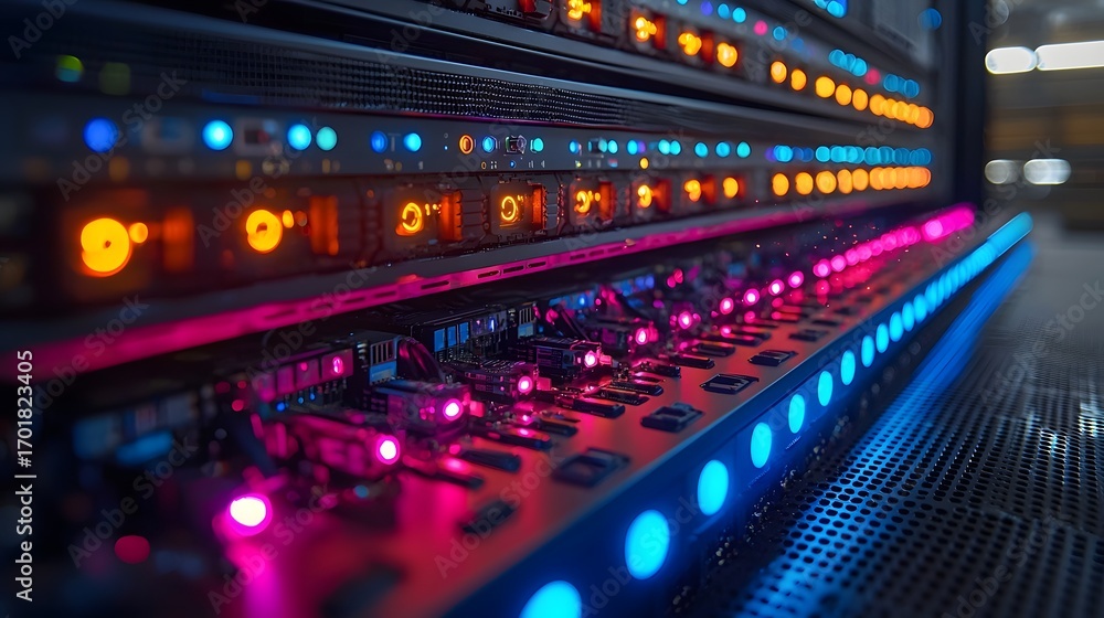 Poster rows of illuminated server racks with vibrant pink and blue led lights in a modern data center