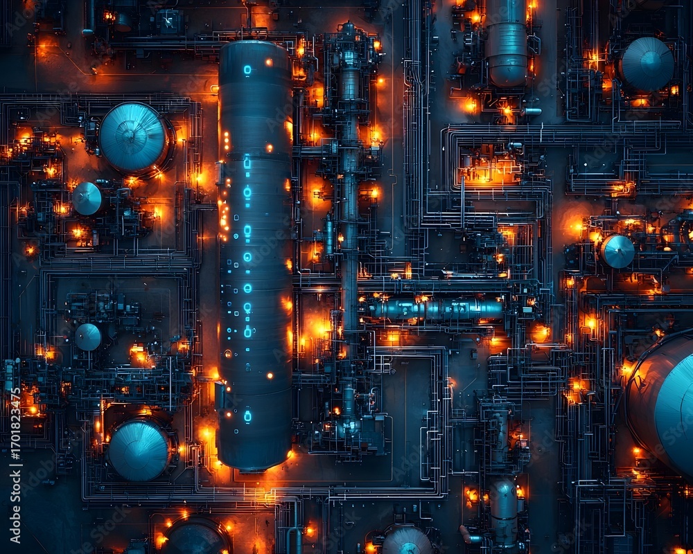 Poster aerial view of a glowing industrial complex at night with intricate networks of pipes and illuminate