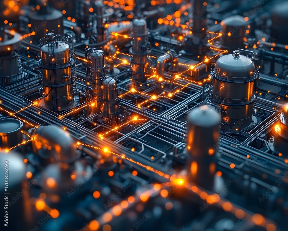 Poster futuristic industrial complex with glowing digital network connections symbolizing advanced technolo