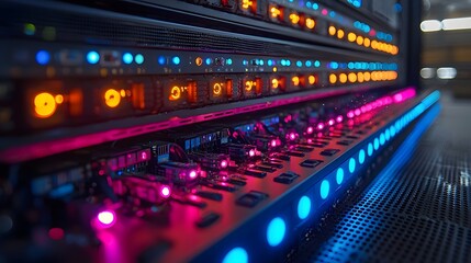 Rows of illuminated server racks with vibrant pink and blue LED lights in a modern data center