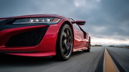 Obraz premium Red Sports Car in Motion on Highway with Dramatic Sky, Automotive Photography