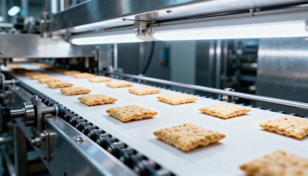 Automated Food Production: Crackers on Conveyor Belt in a Modern Food Processing Plant