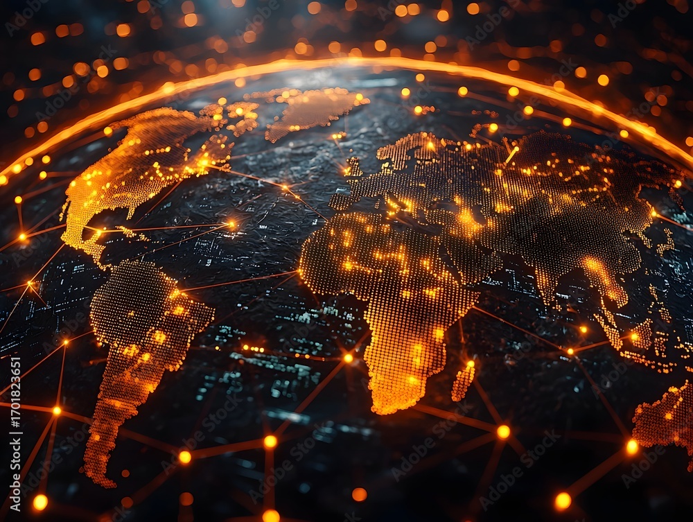 Poster digital global network connecting continents with glowing lights and data flow