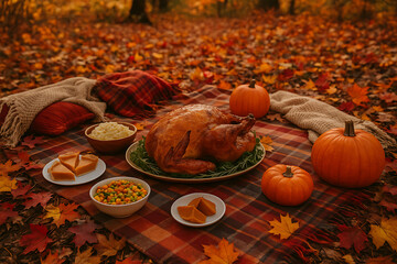Thanksgiving Feast Autumn Picnic with Turkey Pumpkins and Fall Leaves