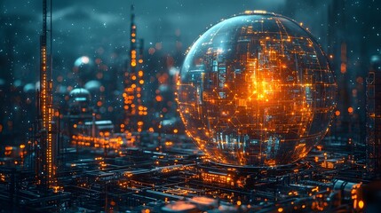 A futuristic digital globe with intricate orange circuits glows against a dark illuminated industrial city at night
