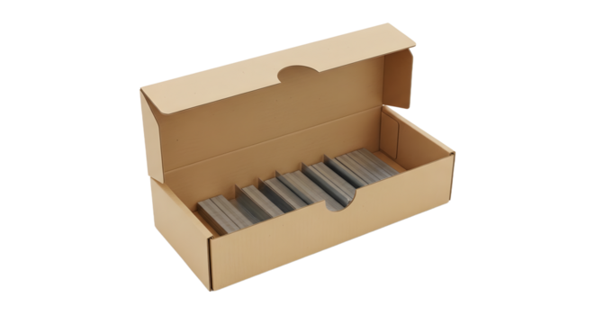 Wooden Piano Key Sticks in Open Cardboard Box on White Background