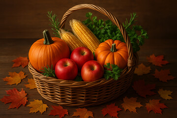 Autumn Harvest Thanksgiving Basket with Pumpkins Apples and Corn