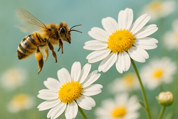 A close up macro shot of a single bee in mid-flight with its wings outstretched, approaching two beautiful white daisies with vibrant yellow centers in a field