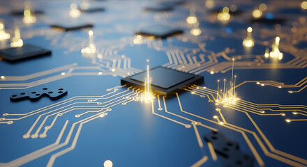 Close-up view of a circuit board with a central microprocessor chip, highlighting intricate pathways and glowing connections.