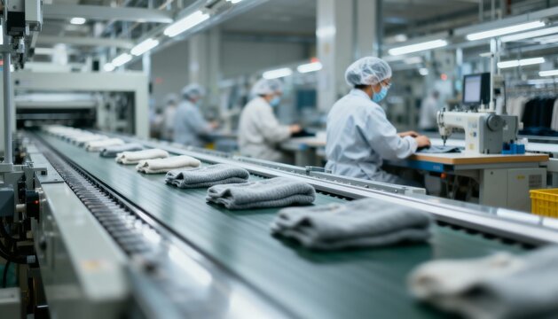 Textile Factory Production Line: Workers Overseeing Garment Manufacturing, Quality Control, and Automated Conveyor Belt Operation