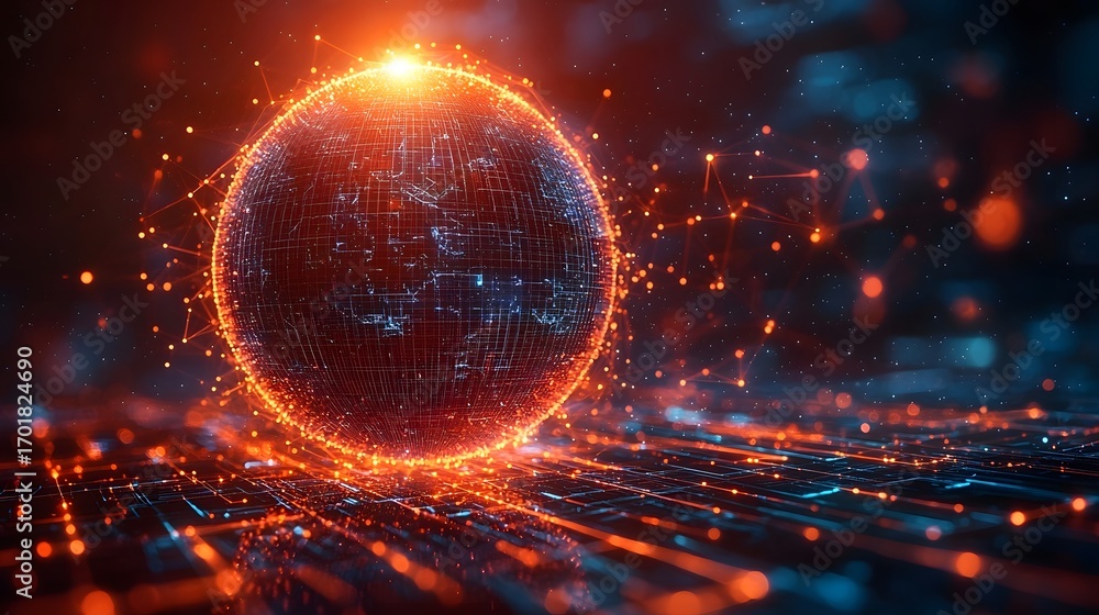 Poster a futuristic digital sphere glows with energetic connections representing global data networks and t