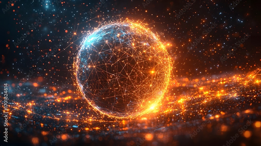 Poster abstract digital sphere with glowing network connections and particles in a dark cosmic environment