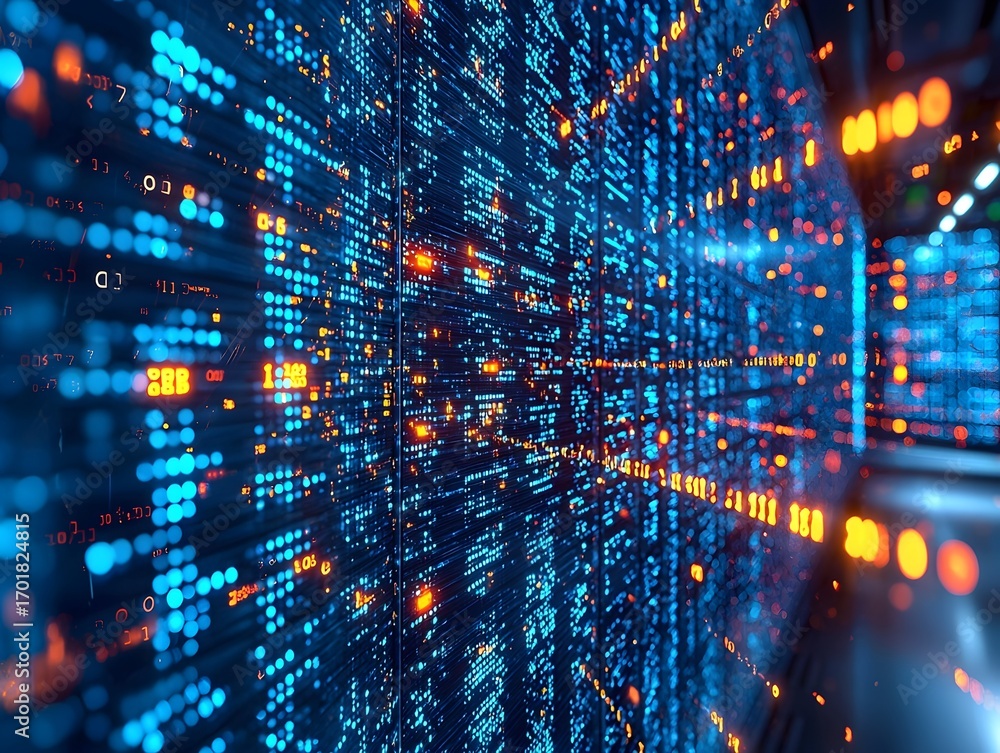 Poster abstract visualization of glowing digital data streams flowing through a futuristic network grid