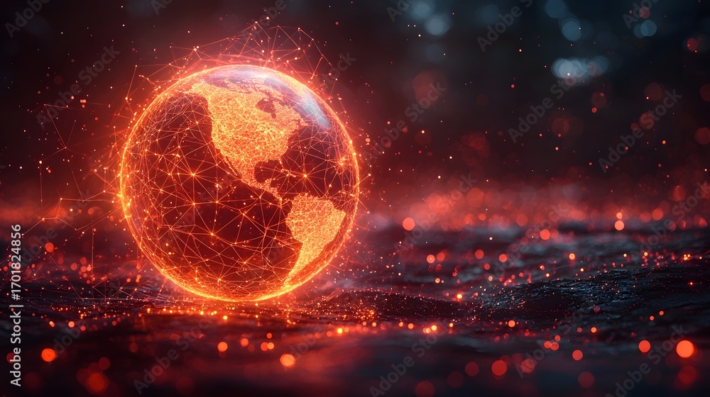 Poster a glowing digital globe interconnected by a complex network of lines and nodes symbolizes global con