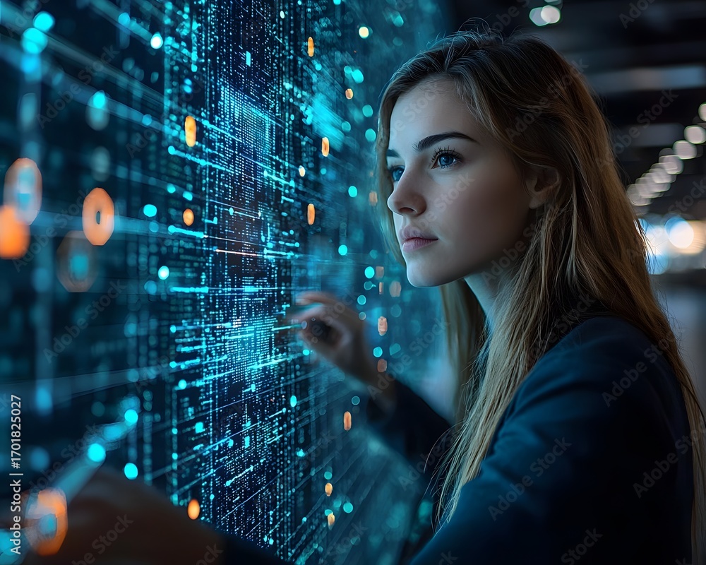 Aufkleber focused woman interacts with a glowing complex digital data network interface symbolizing advanced t