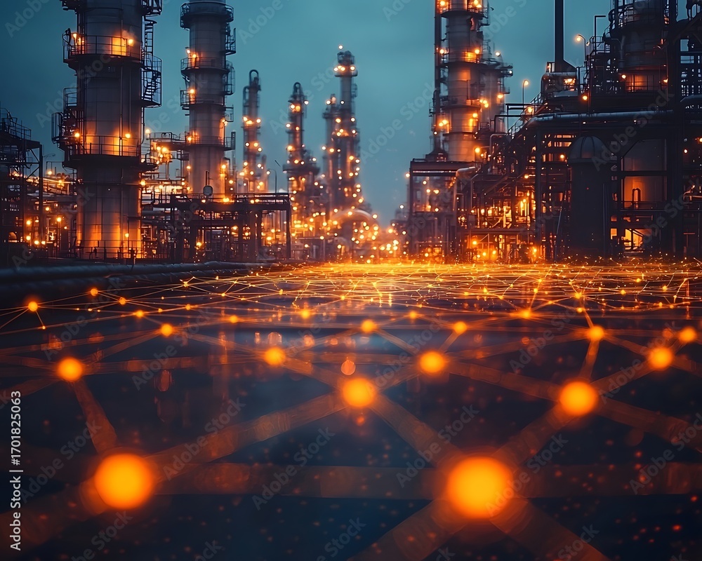 Poster illuminated industrial complex at night with glowing digital network connections symbolizing futuris