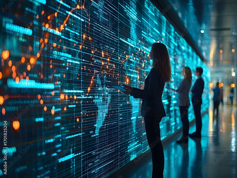 Poster business professionals analyze global data and network connections on a large interactive digital di